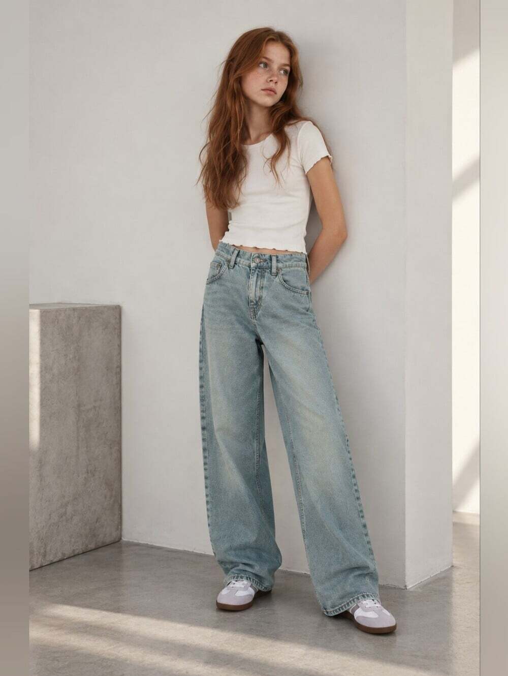 Zara Girls 13-14 Green Blue Wash Wide Leg Jeans 164 Y2K Baggy Denim